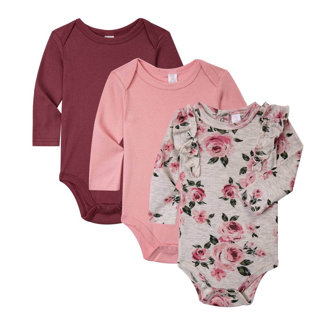 Baby Kiss 3Pk Long Sleeve Onesies - Ruffled Rose Floral