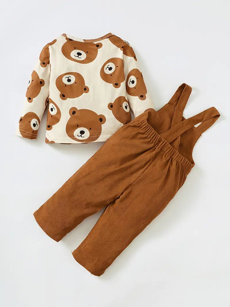 Pocket Overalls /Bear Print Shirt