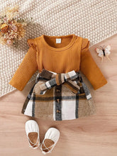 Load image into Gallery viewer, Ruffled Knitted Sweater/ Plaid Bow Skirt Set
