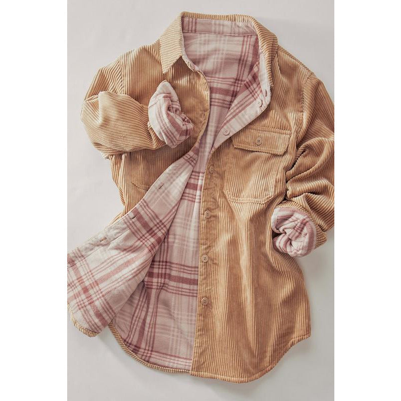 Corduroy Checkered Reversible Button Down Jacket